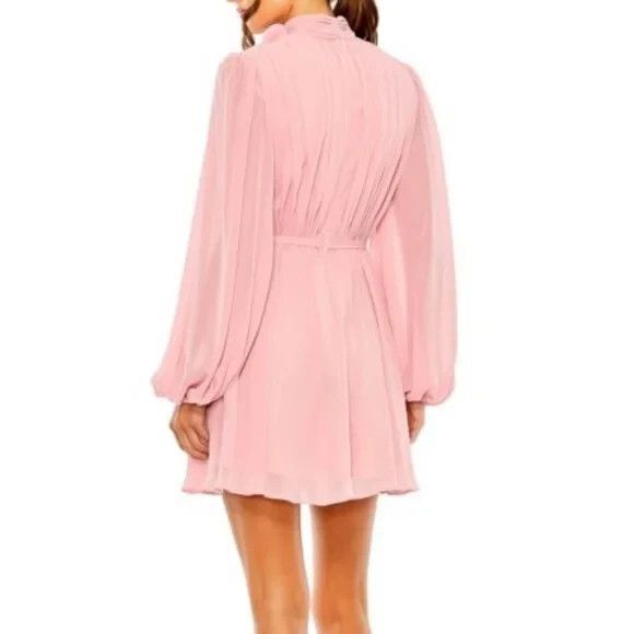MAC DUGGAL WOMEN'S PINK DRAPED HIGH NECK LONG SLEEVED MINI DRESS SZ 4 NWT $298 - Picture 4 of 6